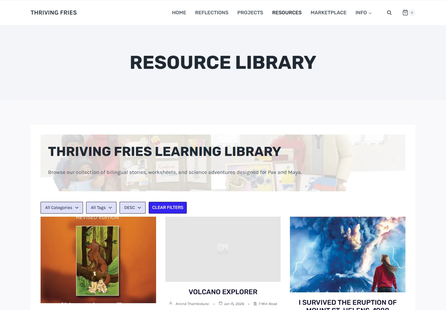Thriving Fries learning library with category and tag filters, ordering and a collection of resource cards